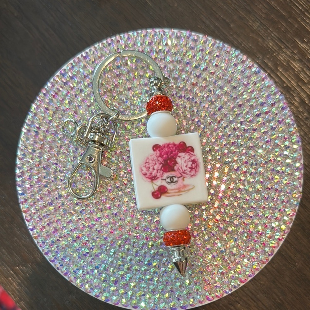 Floral Keychain with Red and White Beads